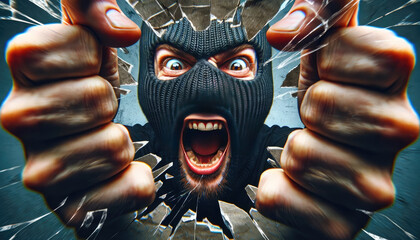 Poster - Intense Ski Mask Man Screaming at Camera - Dark Gritty Theme with Cracked Screen Effect