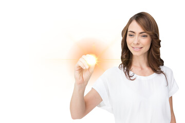 Poster - Digital png illustration of happy caucasian woman touching yellow light on transparent background