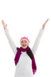 © vectorfusionart - Digital png photo of happy biracial woman in winter hat raising arms on transparent background