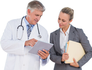 Sticker - Digital png photo of happy caucasian woman and male doctor discussing on transparent background