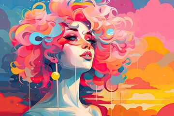 Poster - fashion illustration of a beautiful woman with colorful hair. vector illustration, whimsical post-im