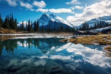 Poster - Mountain lake with reflection in the water, Canadian Rockies, Alberta, Canada, Whistler mountain reflected in lost lake with a blue hue, AI Generated