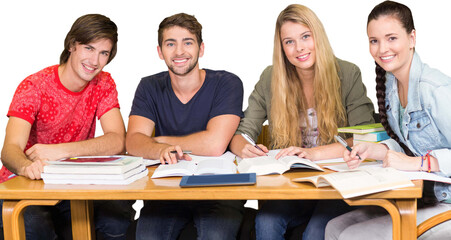 Poster - Digital png photo of caucasian male and female colleagues with books on transparent background