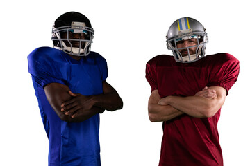 Wall Mural - Digital png photo of diverse male american football players on transparent background