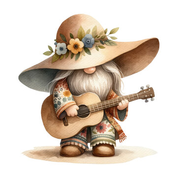 watercolor hippie gnomes play guitar, musical clipart, summer gnomes illustration