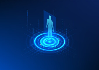 Poster - Hologram projection technology A projected image of a person along with a technology circle that Shows treatment, health care and modern medical technology.