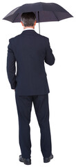 Poster - Digital png photo of back of caucasian businessman standing with umbrella on transparent background