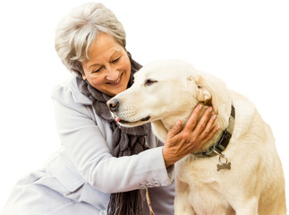 Poster - Digital png photo of happy caucasian senior woman with dog on transparent background