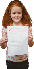 Sticker - Digital png photo of happy caucasian schoolgirl showing school test on transparent background