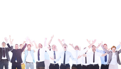 Poster - Digital png photo of happy diverse business people with hands up on transparent background