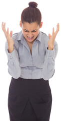Poster - Digital png photo of angry biracial businesswoman with hands up on transparent background