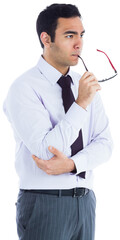 Wall Mural - Digital png photo of thinking biracial businessman with glasses on transparent background