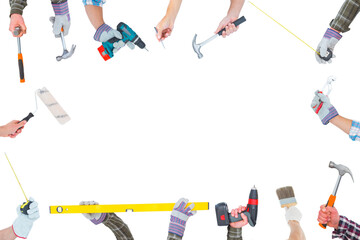 Poster - Digital png illustration of hands with work tools and copy space on transparent background