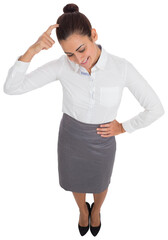 Poster - Digital png photo of happy caucasian businesswoman scratching head on transparent background