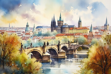 Prague in watercolor painting