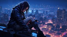 Beautiful Cyberpunk Girl Sitting On The Roof Background Wallpaper Ai Generated Image