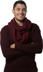 Digital png photo of happy latino man with scarf, smiling on transparent background