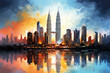 oil painting on canvas, Kuala lumpur city skyline at dusk, Kuala lumpur Malaysia