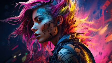 Wall Mural - Cyberpunk woman with colored hair and tattoos background wallpaper ai generated image