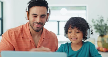 Poster - Father, child and laptop with headphones for home education, e learning support and helping in translation. Happy dad, family and kid on computer, listening to school audio with language and teaching