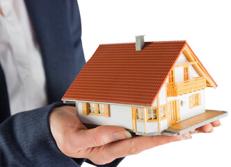 Poster - Digital png photo of house model held by woman's hands on transparent background