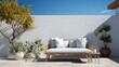 © Phimchanok - Describe a bright and serene white out door designed in a minimalist style.