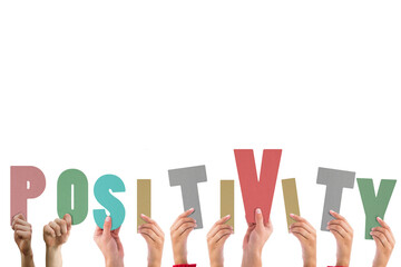Poster - digital png illustration of hands with positivity text on transparent background