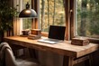 © Aditya - Photo of a rustic, wooden desk in a cozy home office. Generative AI