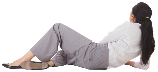 Poster - Digital png photo of back of biracial businesswoman lying on transparent background