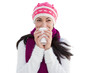 © vectorfusionart - Digital png photo of caucasian woman with winter hat drinking coffee on transparent background