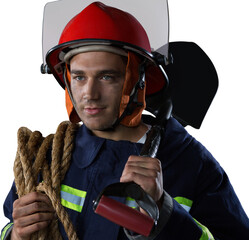 Poster - Digital png photo of caucasian male firefighter wearing helmet on transparent background
