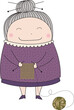Digital png illustration of cartoon grandmother knitting with yellow yarn on transparent background