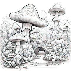 Wall Mural - Mushroom Valley with Whimsical Creatures, on a coloring book style-generative ai