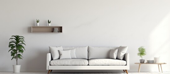 Poster - Minimalistic interior of a white modern apartment with a gray sofa and slippers.