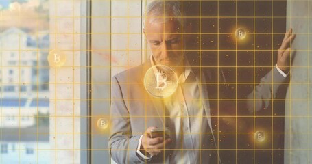 Poster - Animation of bitcoins and shapes over caucasian businessman using smartphone