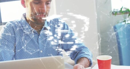Poster - Animation of white padlock and shapes over caucasian man using smartphone