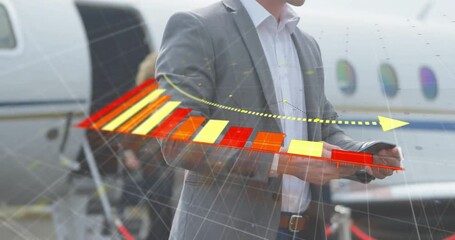Poster - Animation of red diagram over biracial businessman using smartphone at airport