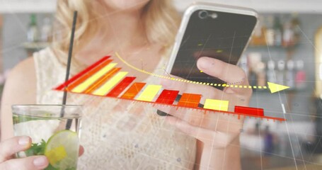 Poster - Animation of red and yellow diagram over caucasian woman with drink using smartphone