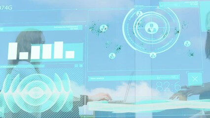 Poster - Animation of scope scanning and data processing over diverse businesspeople in office