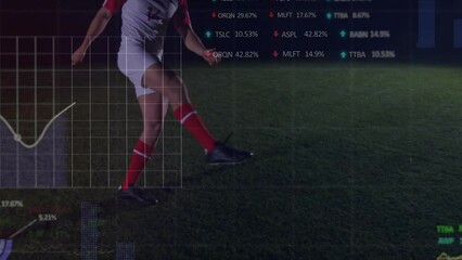 Poster - Animation of financial data processing over caucasian male football player
