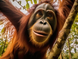 Wall Mural - Orangutans are fascinating primates known for their intelligence, long arms, and reddish-brown hair. They are the largest arboreal mammal, spending most of their time in trees.