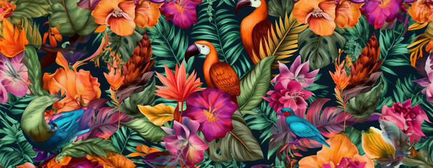 Tropical exotic pattern with animal and flowers in bright colors and lush vegetation. Ai Generative.