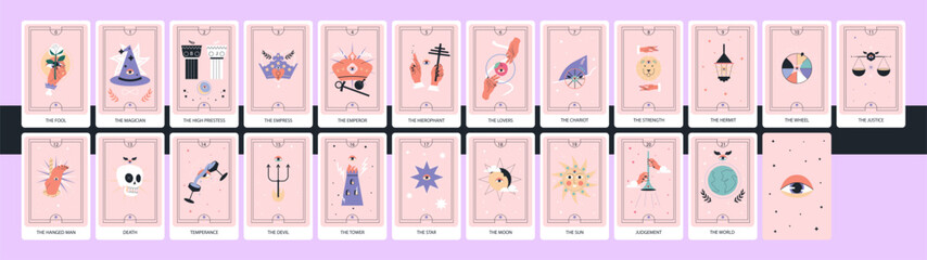 Tarot cards deck. Major arcana set. Hand drawn trendy vector illustration.