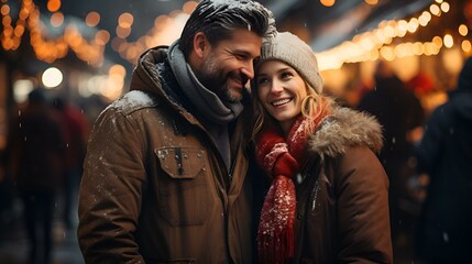 Happy couple laughs and talks on an evening walk against the backdrop of bokeh and glare from holiday light bulbs and lanterns (Ai generation)