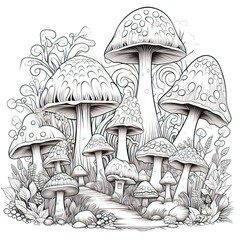 Poster - Mushroom Valley with Whimsical Creatures, on a coloring book style-generative ai