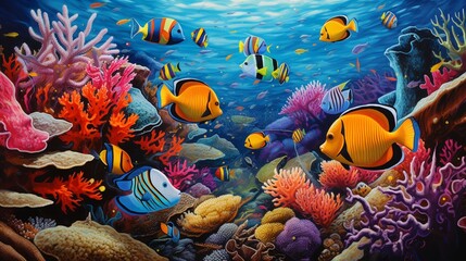 Wall Mural - A collection of tropical fish in a brilliantly colored coral reef, showcasing the diverse and vivid underwater world.