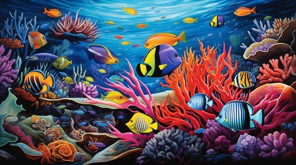 A collection of tropical fish in a brilliantly colored coral reef, showcasing the diverse and vivid underwater world.