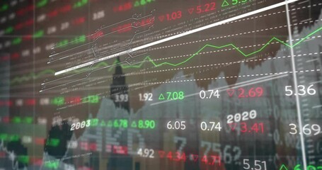 Poster - Animation of financial data processing over cityscape on dark background