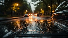 A Car Windshield During A Rainstorm, With Raindrops Streaking Across The Glass, Creating An Immersive And Cinematic View Of The Wet Road Ahead