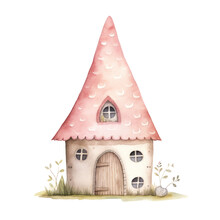 Watercolor Of Gnome House, Fairy Tale House Isolated On Background.